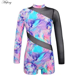 Teenagers Girls Printing Gymnastics Leotard Jumpsuit Ballet Dance Costumes Long Sleeve Mesh Patchwork Unitard Dance Performance