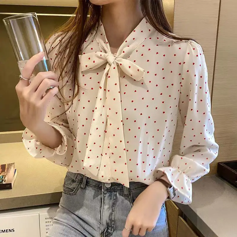 New Spring Autumn Heart Printed Blouses Female Fashion Office Lady Bow Chiffon Shirts Women Clothing Long Sleeve Pullover Top