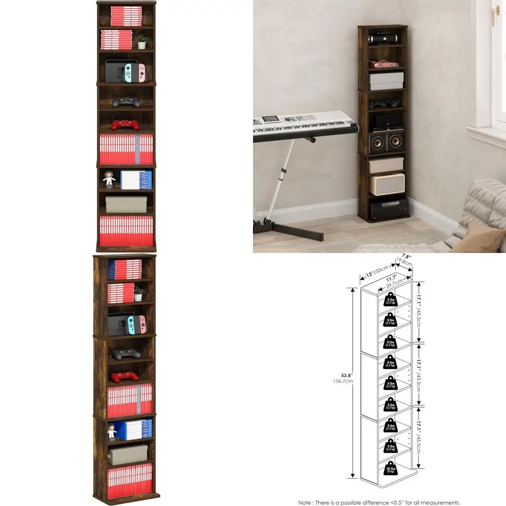

9-Tier Tall Narrow CD/DVD Rack with Adjustable Shelves, Media Storage Cabinet for Living Room or Home Office, Amber Pine Finish
