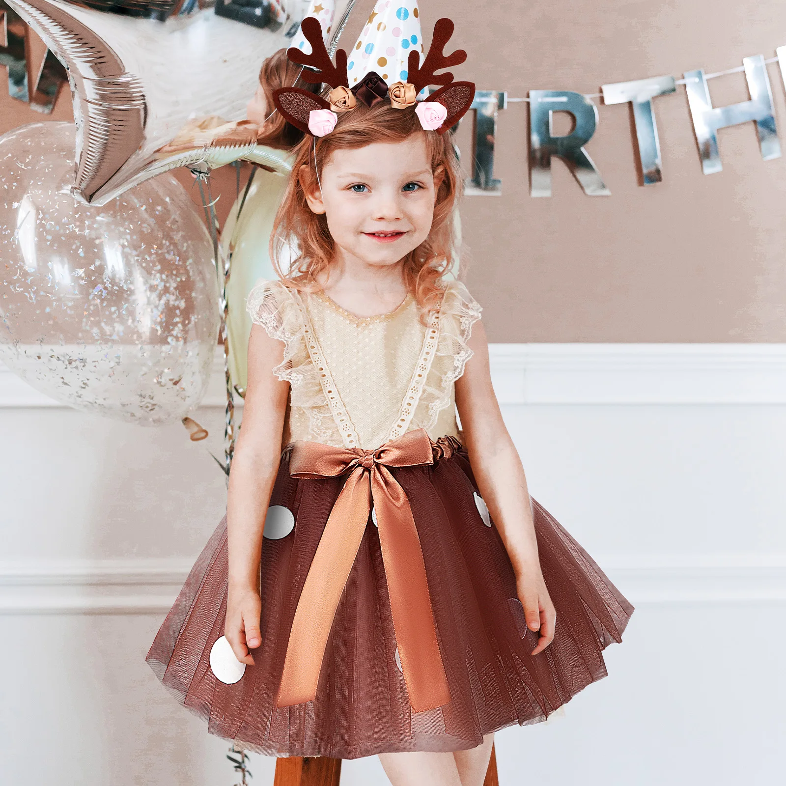 Elk Costume Set Girls Christmas Tutu Skirt Deer Outfit Accessories Antler Headband Animal Ears Reindeer Costume Polyester