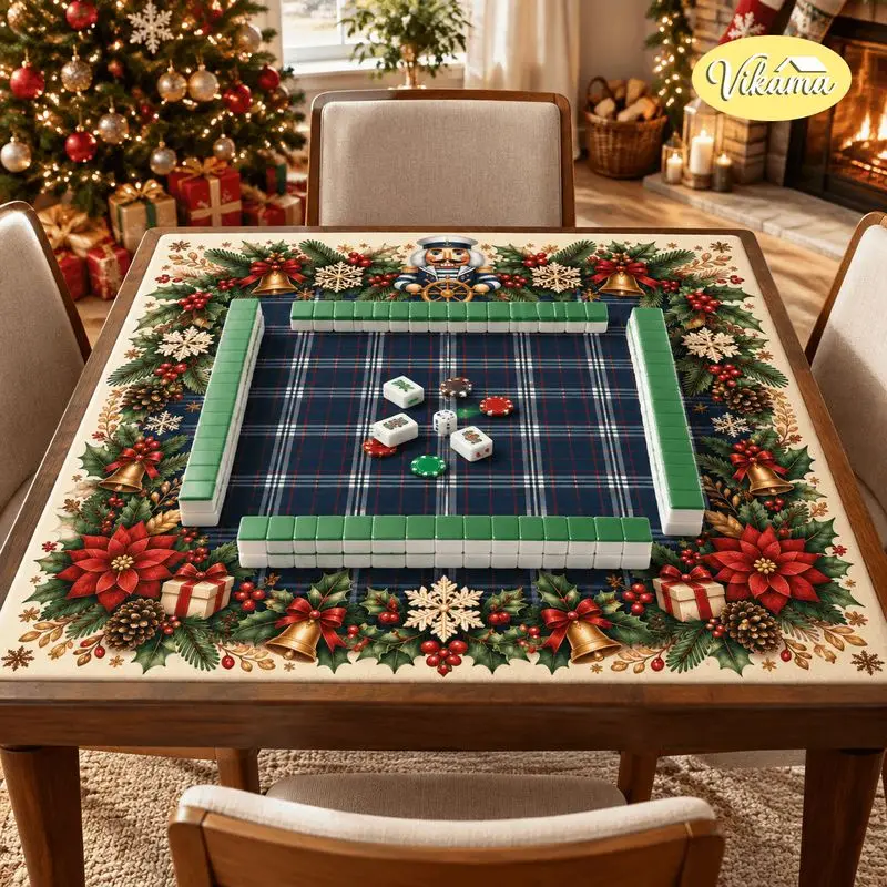 VIKAMA Christmas Mahjong Mat Wreath Poinsettia Pinecone Bells Foldable Mahjong Table Mat Cover Table Game Holiday Party Decor