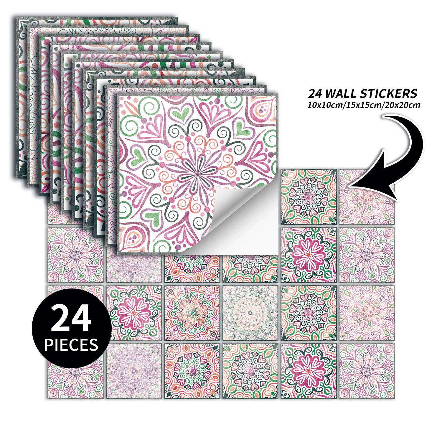 24 pcs/pack, Waterproof and Oil-proof, Easy To Clean, Colorful Mandala Pattern Self-adhesive PVC Tile Stickers