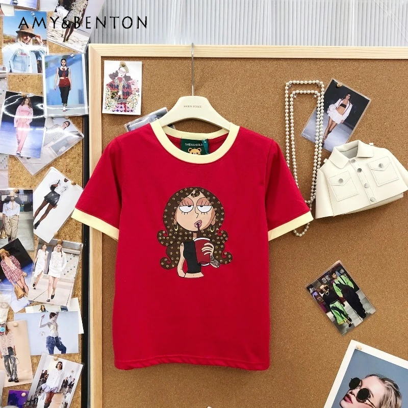 

Versatile Heavy Diamond Studded Character Print Contrast Color Crew Neck Short Sleeves Y2k T Shirt Casual Tee Ladies Daily Wear