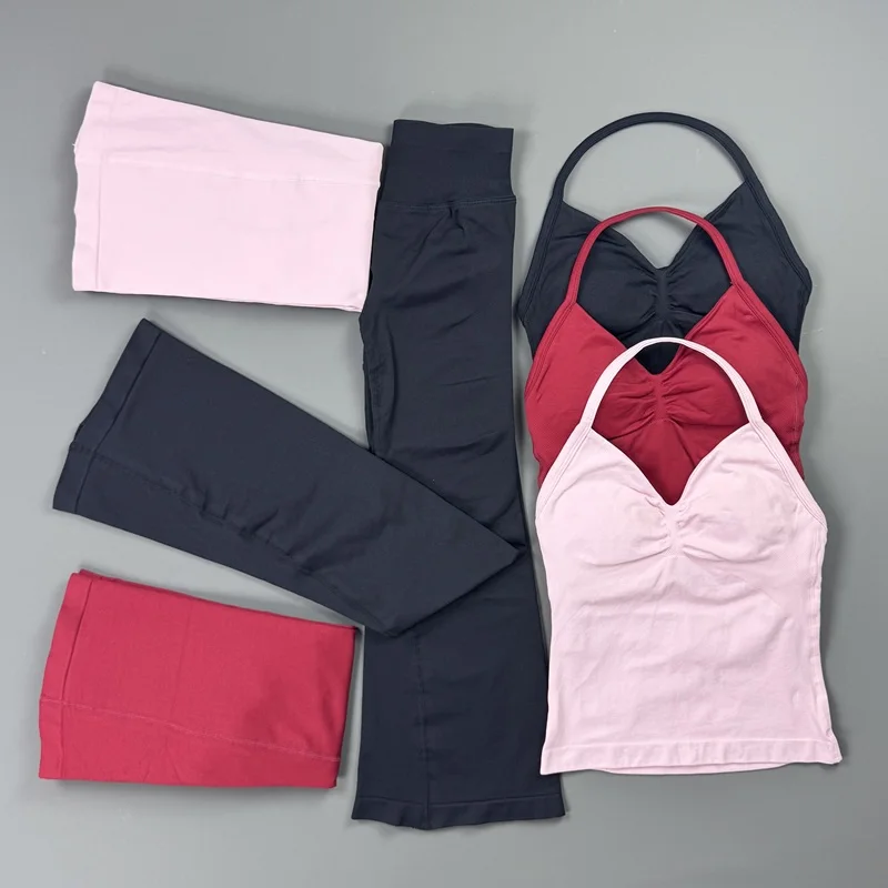 2 Pieces Gym Set Women Yoga Tank Top High Waist Flared Leggings Butt Lifting Tummy Control Outfit Pilates Gym Workout Daily Wear