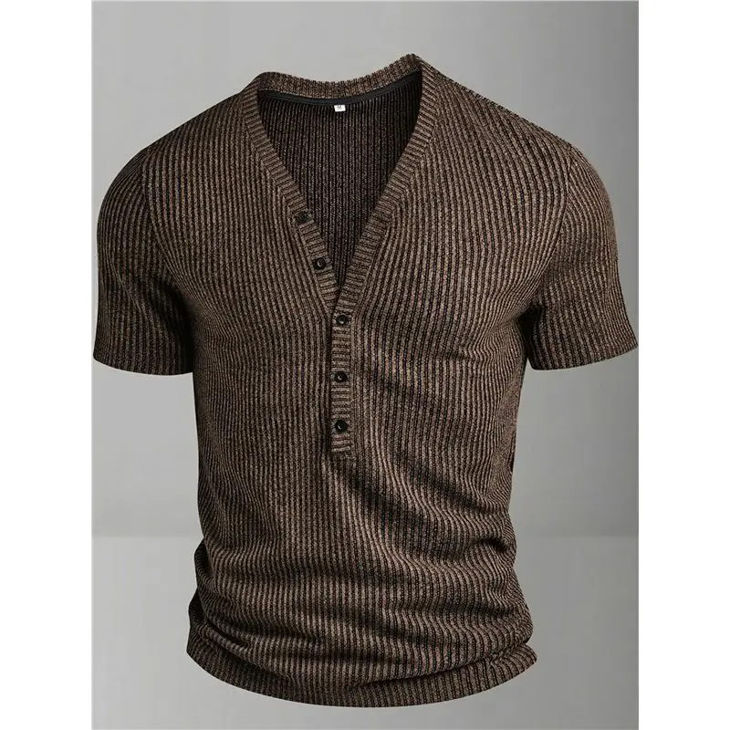 NEW-Men's Ribbed Shirt V-Neck Short Sleeve Slim Fit Muscle Shirt Fitted Casual
