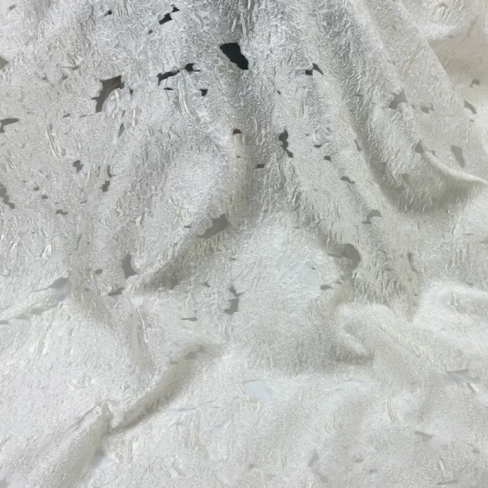 Beige Organza Jacquard Fabric for Diy Sewing Micro Transparent Wedding Dress Clothing Designer Cloth Material By Meter