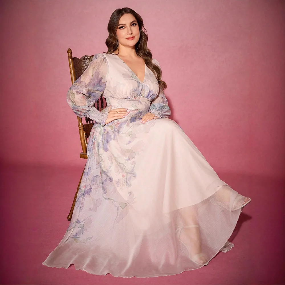 

Элегантная юбка макси с принтом и рукавами-фонариками, с завышенной талией, для пляжного отдыха, из трикотажного полиэстера, А-силуэт