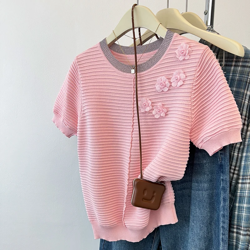 تي شيرت صيفي جديد أنيق مزين بالخرز لعام 2025 تي شيرت برقبة دائرية وأكمام قصيرة بلوفرات نسائية للمكتب للسيدات تي شيرت فضفاض غير رسمي