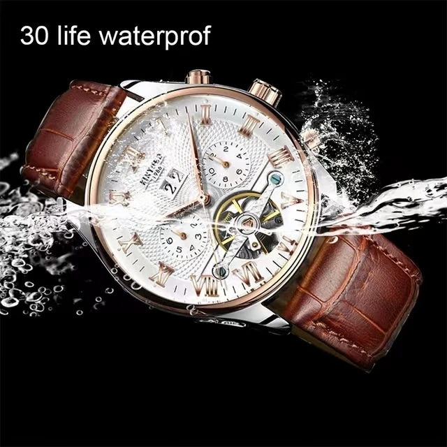 KINYUED012 Men watch Skeleton Mechanical Leather Strap Wristwatch Casual Business Automatic Calendar Watch for Man reloj hombren