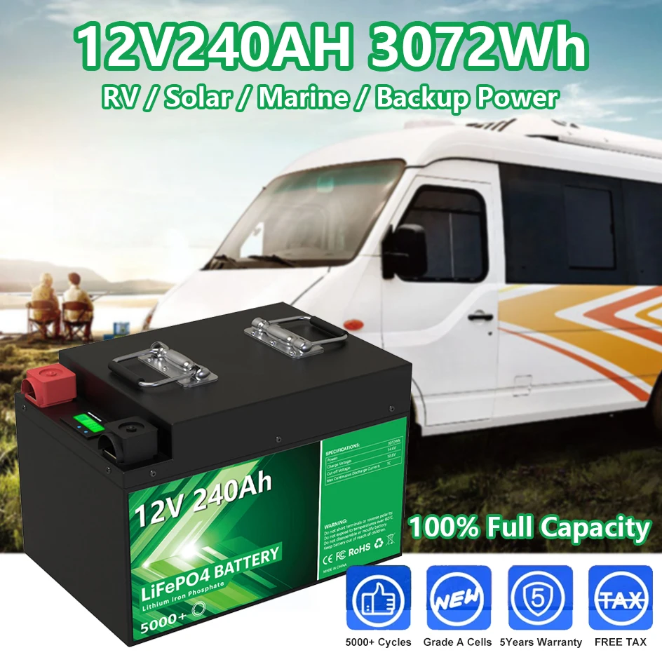 

12V 240Ah 200Ah LiFePO4 Battery Pack 12.8V 3072Wh 5000+ Deep Cycles Built-in 4S 200A BMS Rechargeable RV Car Battery EU NO TAX