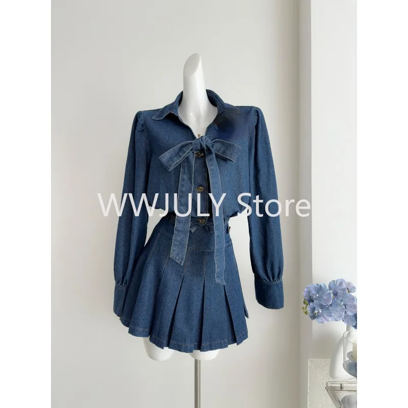 Woman 2000s Vintage Denim Two Piece Skirt Sets Long Sleeve Short Tops + High Waist A Line Pleated Mini Skirt Korean 2024 New