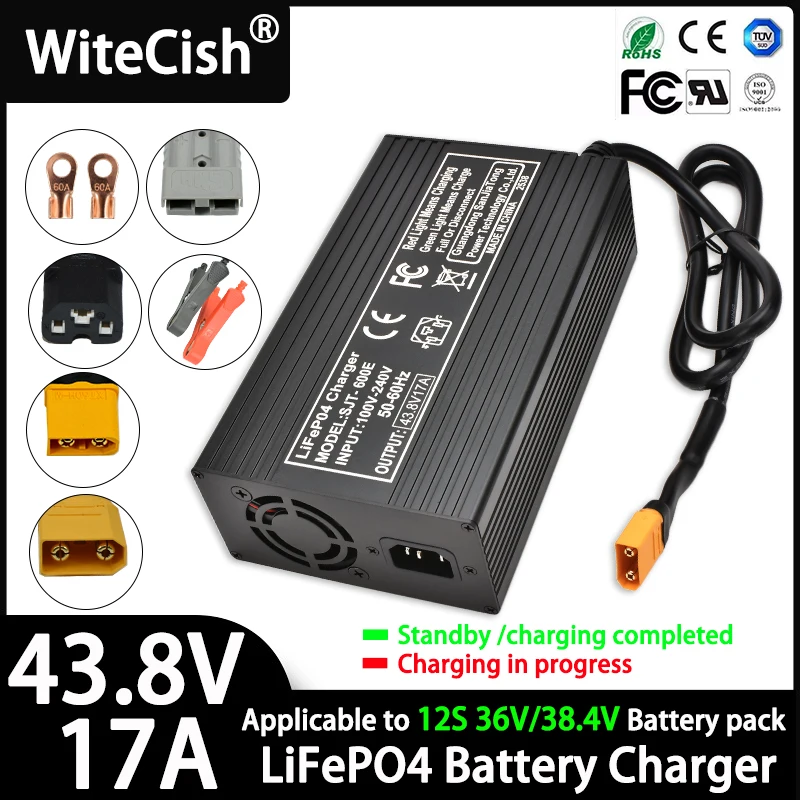 

Зарядное устройство LiFePO4 43,8 В, 8 А, 15 А, 17 А, 12S, 36 В/38,4 В, зарядное устройство LiFePO4, со светодиодной подсветкой, быстрое зарядное устройство высокой мощности 43,8 В