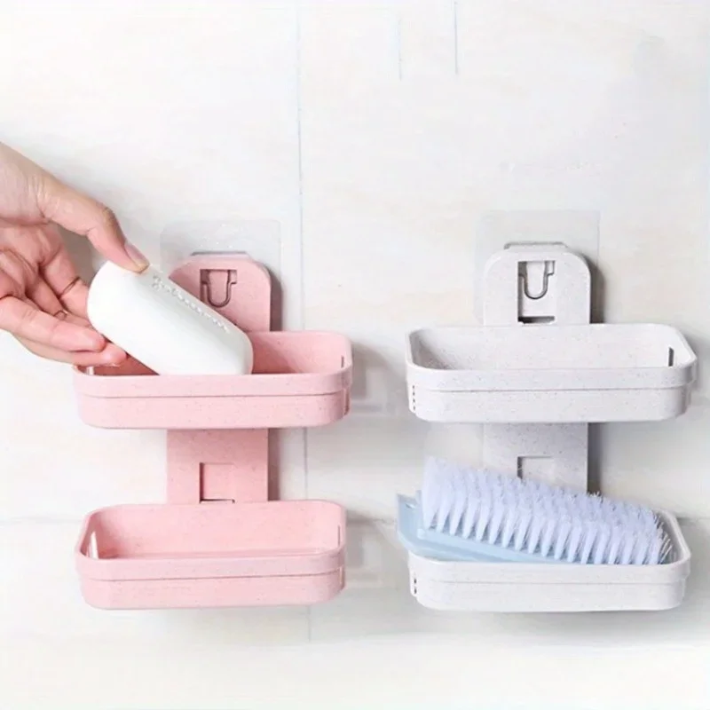 1 Juego de Porta Jabón de Doble Capa Beige+rosa, Sin Perforaciones, Diseño que Ahorra Espacio, Apto para Baño, Cocina o Lavadero