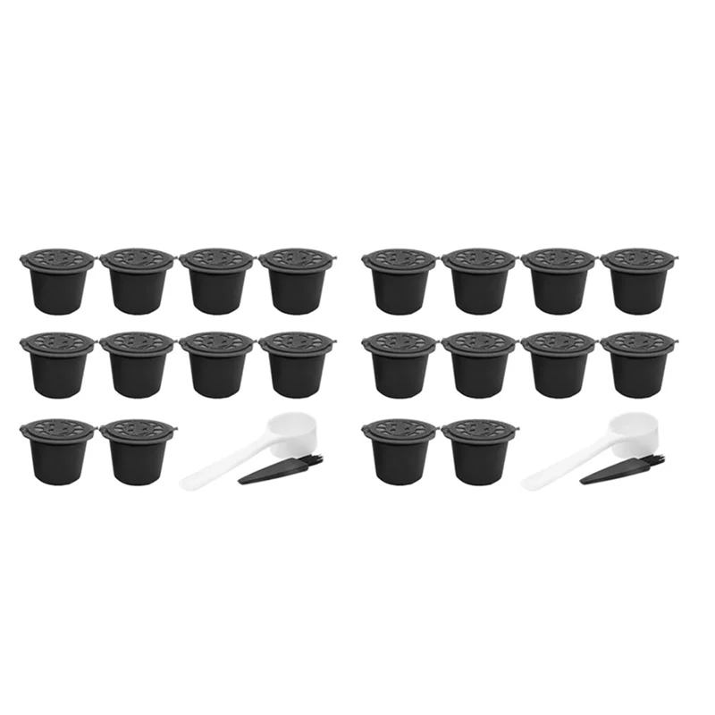 A97G 20 Pcs Reusable Refillable Coffee Capsule Filters For Nespresso With Spoon Brush Kitchen Accessories Coffee Filter Black