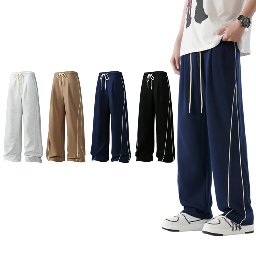 

Men's casual long pants, loose long pants, outdoor running sport pants, retro and simple, side striped straight-leg pants