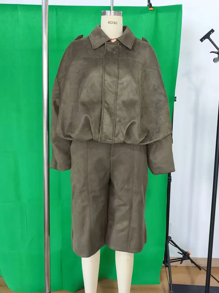 HH أنثى الشارع موضة الجلد المدبوغ الملمس السراويل مجموعات سستة الصلبة التلبيب Bomber سترة + ألف خط مع جيوب السراويل الرجعية دعوى #3