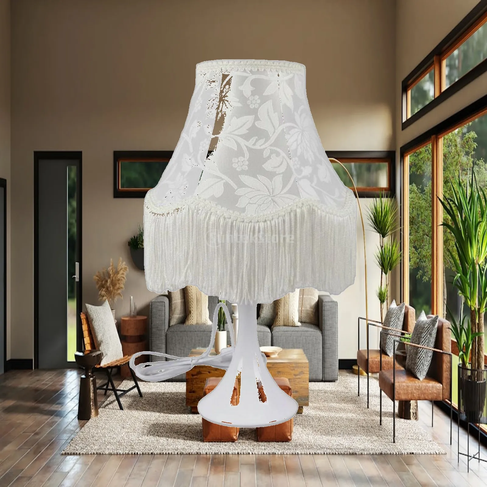 Vintage Fabric Table Lamp for Bedside Cozy Night Light with Fringe Shade for Living Room Decor