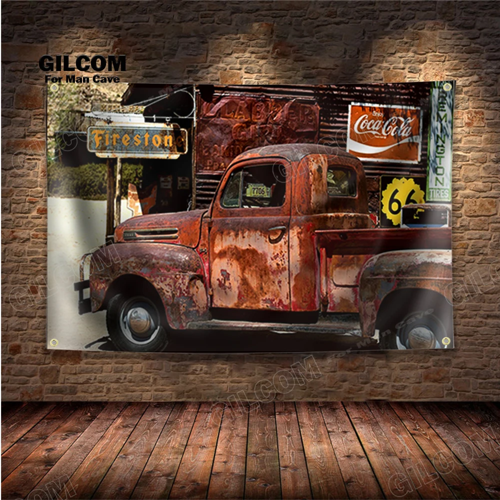 Classic Truck  Retro Banner Flag Route 66 Poster Wall Art  AD Vintage Sign Dark Gothic Motor Car Man Cave Garage Pub Club Bar