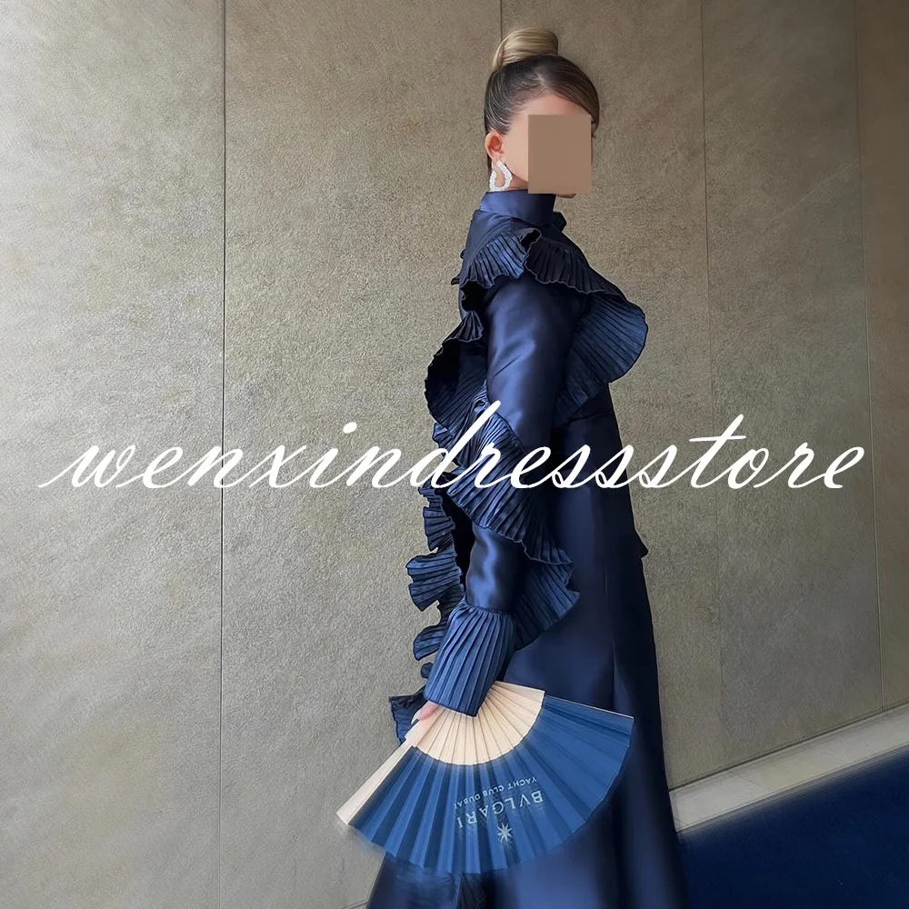 Customized Exquisite Ruffles A-Line Blue High Collar Satin Long Sleeves Evening Dresses Elegant Pleats Saudi Arabia Prom Grows