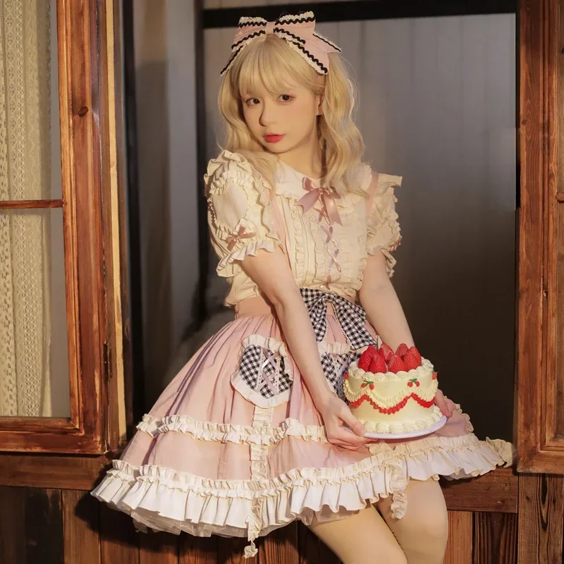 

Japanse Kawaii Lolita Strap Skirts Women Harajuku Sweet Heart Bow Ruffles High Waist Mini Skirt Cute Shirt Faldas Mujer Moda