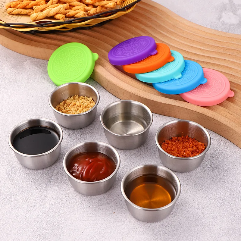 Imagen 3: Tazas para salsa de inmersión de acero inoxidable, platos para condimentos con tapas de silicona a prueba de fugas, contenedor de comida reutilizable para aderezo de ensalada, 1/4 Uds.