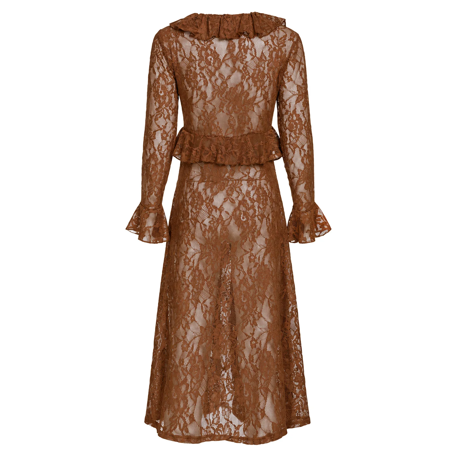 Women Flared Sleeve Tie-front Outerwear Floral Lace Ruffles Long Cardigan See-thorough Hollow Out Smock Long Mesh Cover Up Dress