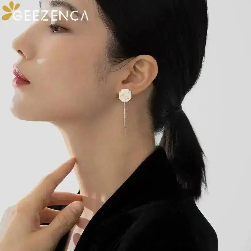 GEEZENCA White Mother of Pearl S925 Silver Two Tone Plated Earrings For Women Lotus Bird Long Tassels Dangle Earring