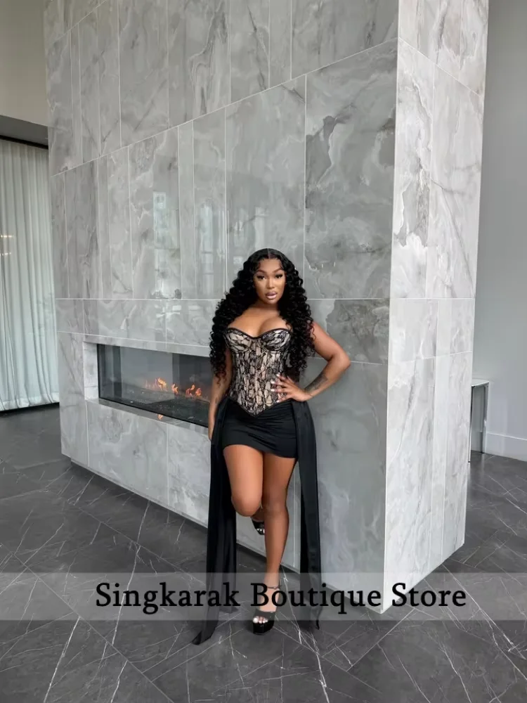 Strapless Short Black Lace Evening Dresses Bodice Sexy Mini Party Dress for Cocktail Homecoming Gowns Customized
