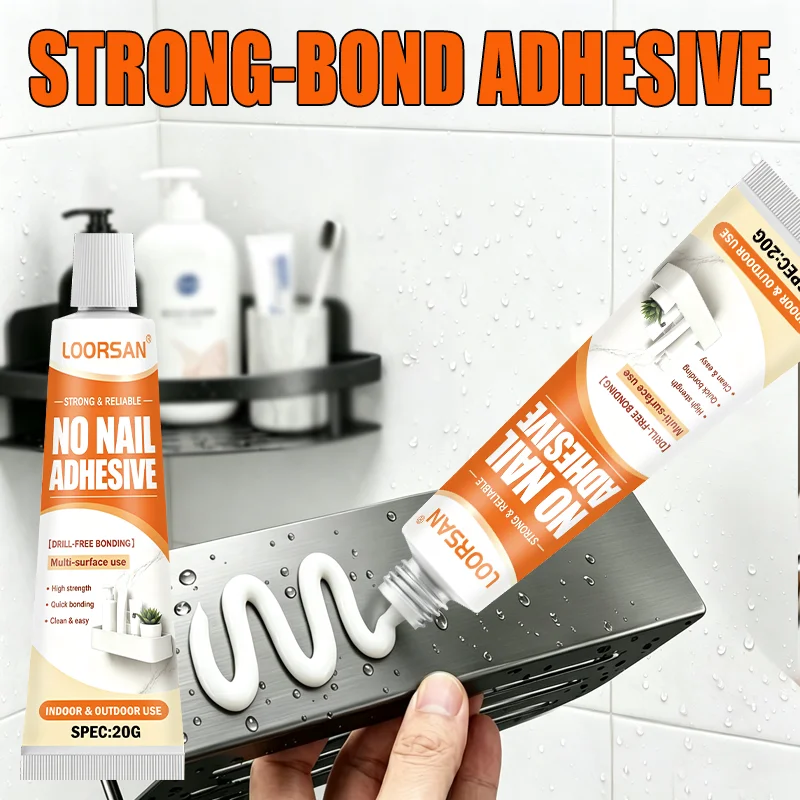 LOORSAN Nail Free Adhesive Strong Bond No Drill Glue For Wall Hooks Bathroom Kitchen Tile Metal Wood Glass Home Repair 20G