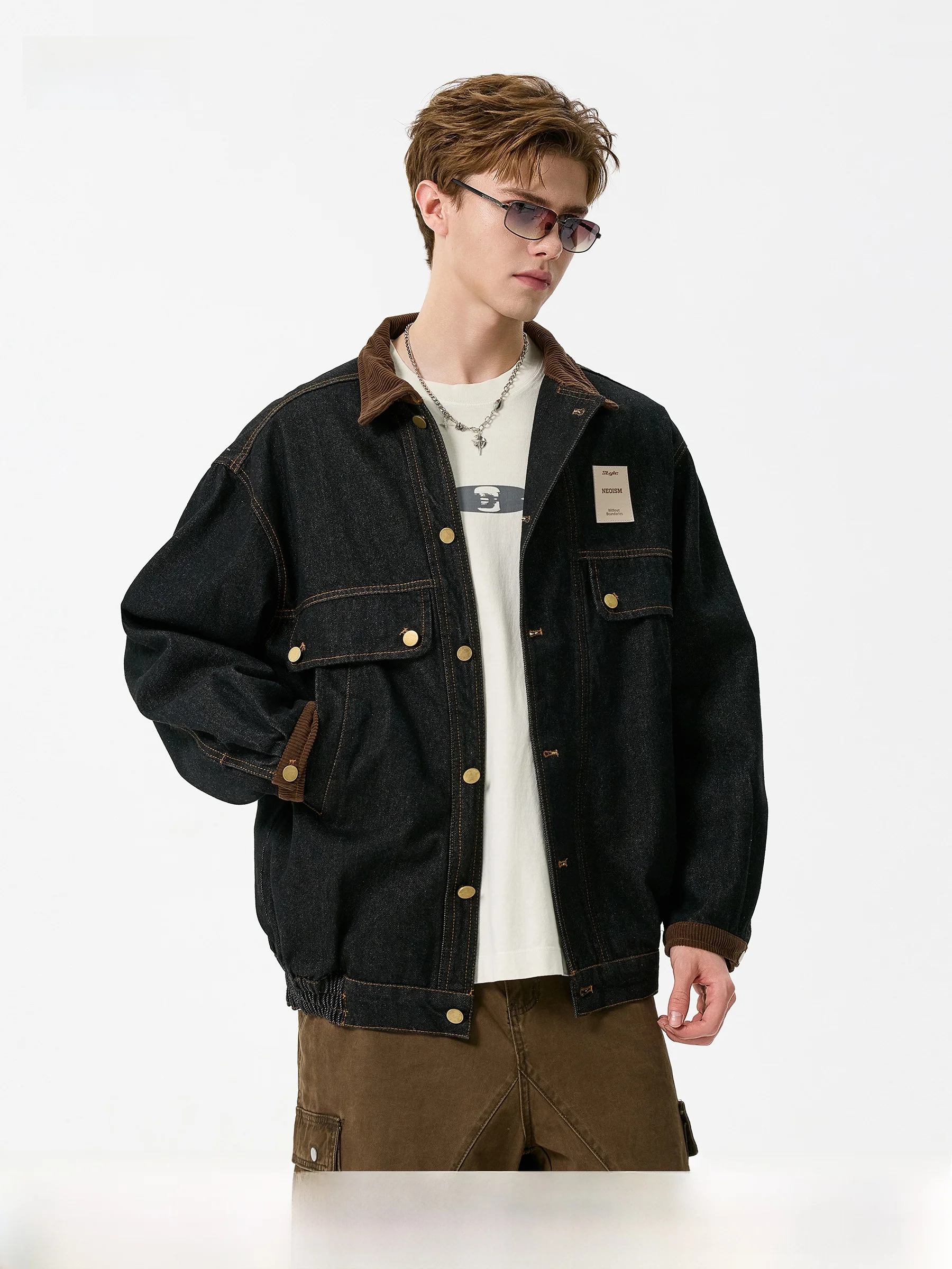 

DPX Мужская винтажная рабочая одежда, джинсовая куртка свободного кроя, вельветовая лоскутная одежда с воротником-стойкой, длинная свековая повседневная верхняя одежда, пальто