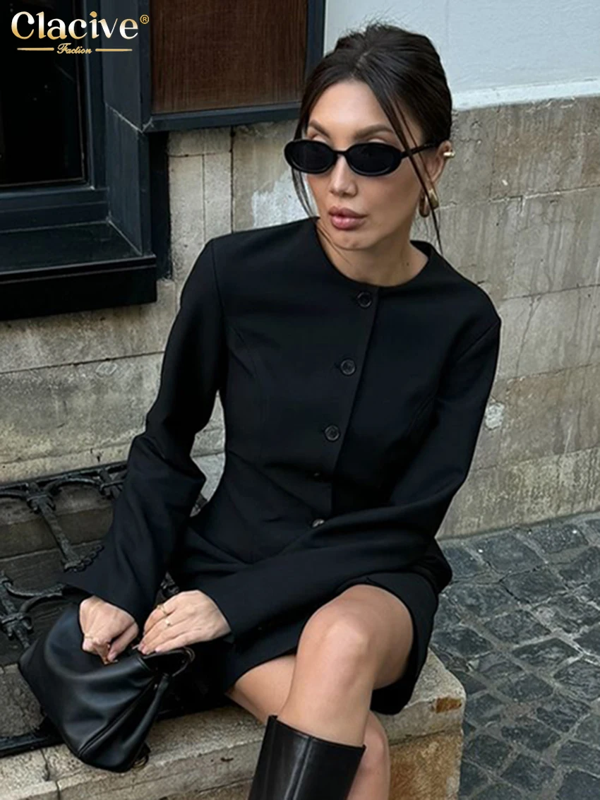 Clacive Fashion Slim Black Office Women\'s Dress 2025 Elegant O-Neck Long Sleeve Mini Dresses Casual Classic Solid Female Dress