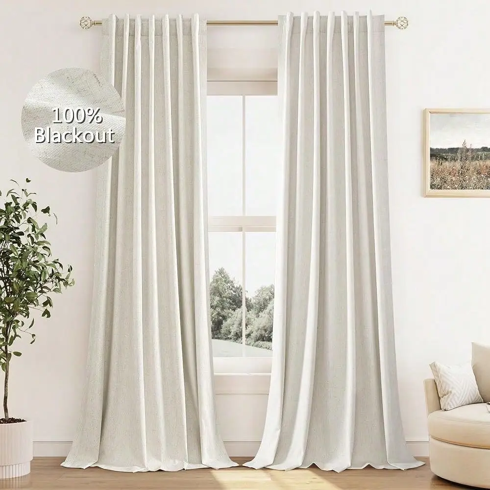 

Cream Linen Blackout Curtains 84 Inch Length 2 Panels Set For Living Room Bedroom Back Tab Thermal Insulated 1OO Black Out Line