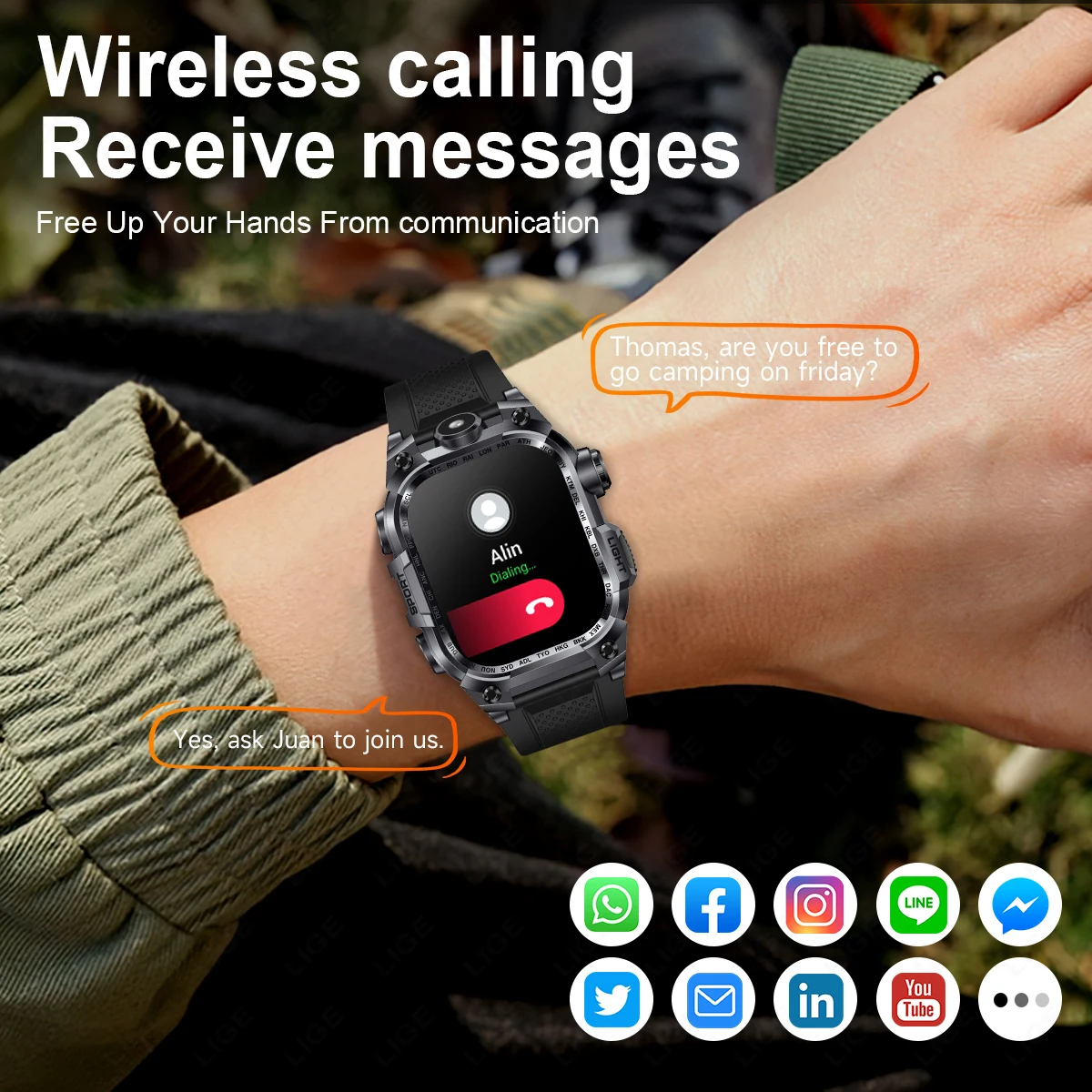 LIGE ساعة ذكية للرجال ، لمسة كاملة ، الرياضة في الهواء الطلق ، ضغط الدم ، الأكسجين ، اللياقة البدنية ، 5ATM للماء ، ساعة ذكية عسكرية