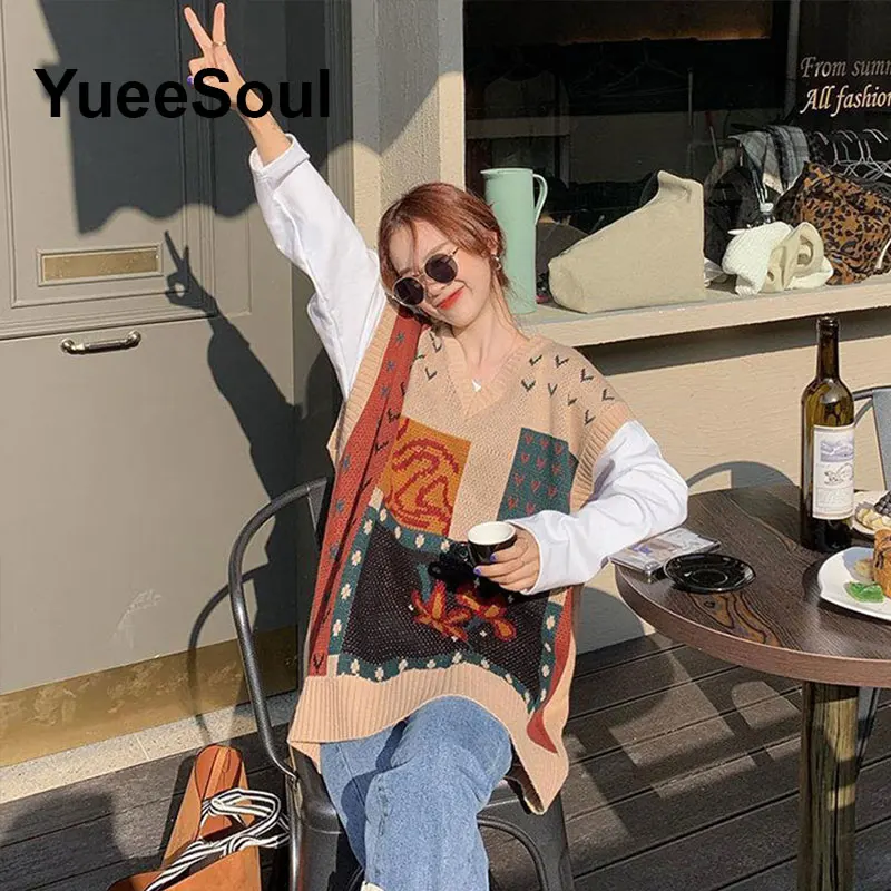 Japan Style Vintage Brown Women Knit Vest V Neck Sleeveless Loose Oversized Sweater Vest 2026 New Autumn Y2K Waistcoat Outerwear