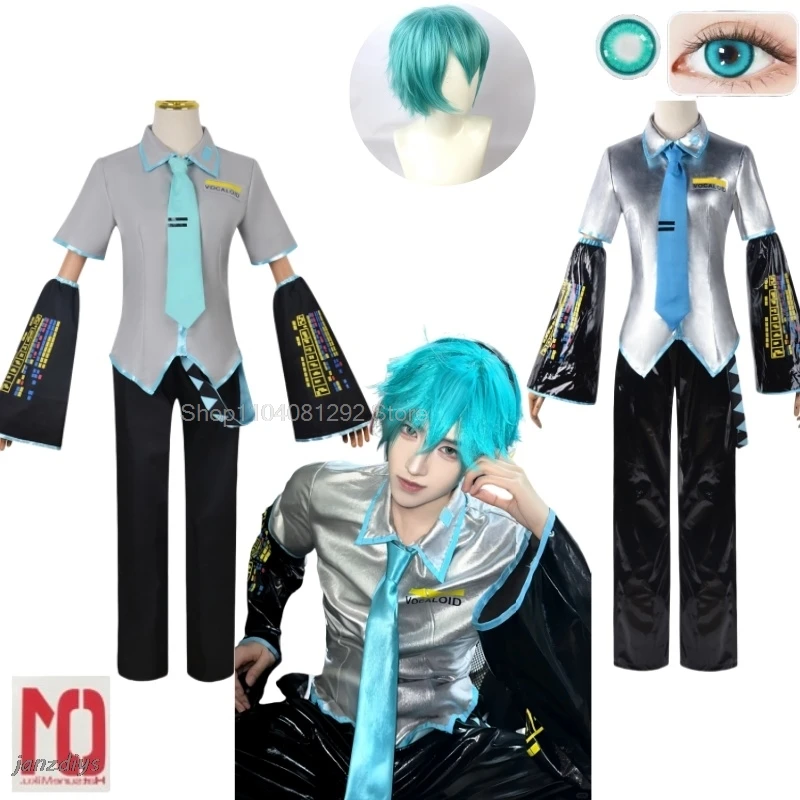 In Stock European Size Male Mikuu Cosplay Costume Wig Full Set Silver Leather Cloth Fabric Suit Miku Male Style Uniform