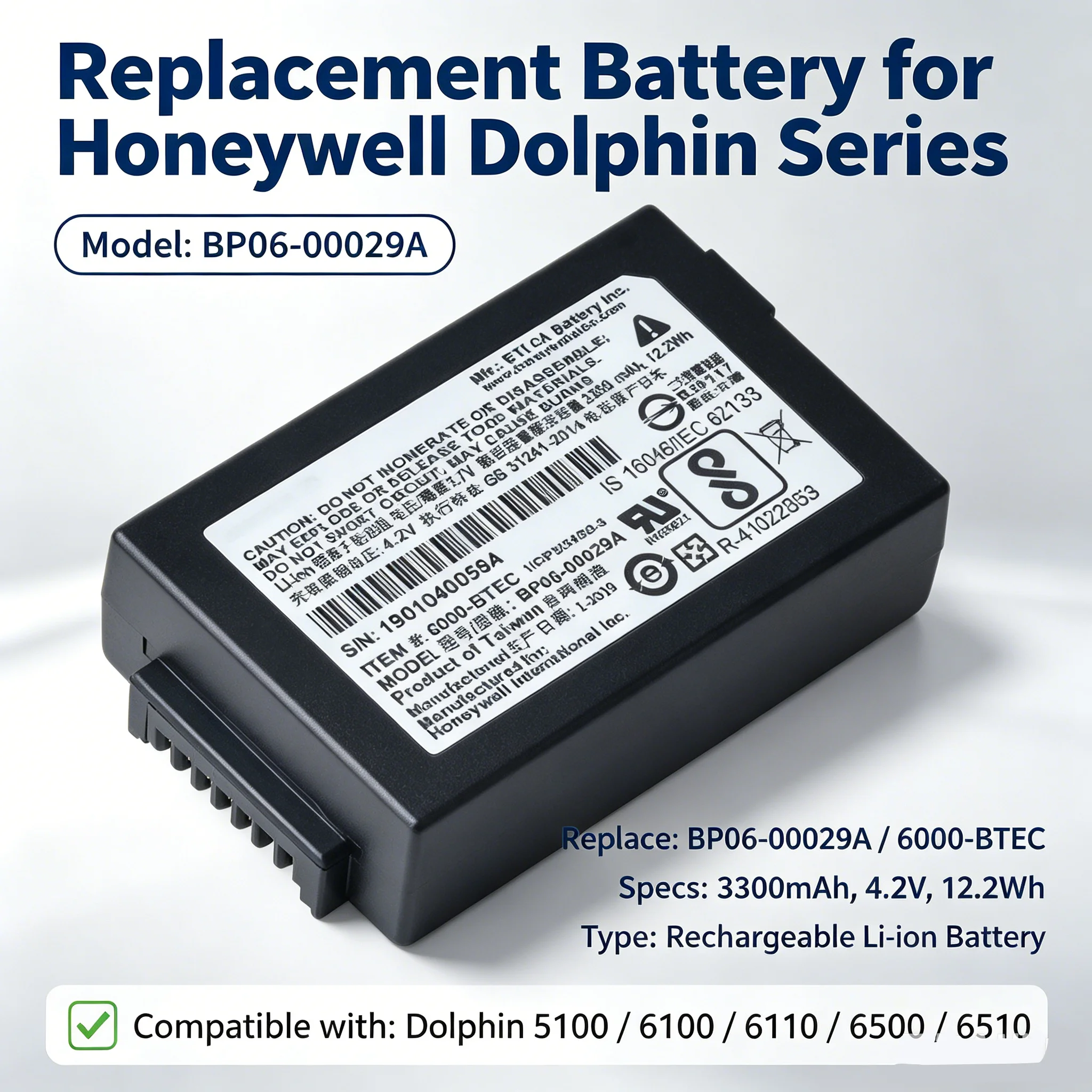 3.3Ah BP06-00029A Li-ion Replacement Battery 6000-BTEC for Honeywell Dolphin 6100 6110 6500 6510 5100 Hand PDA Barcode Scanner