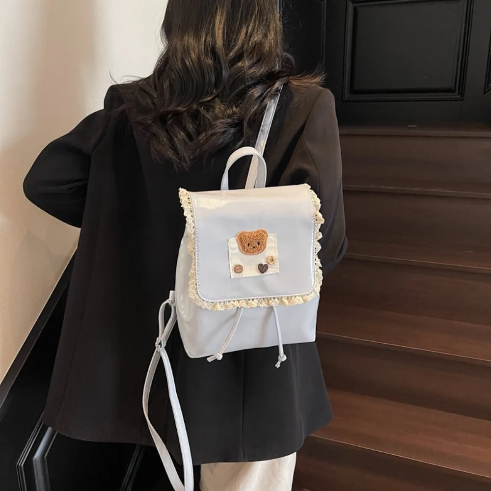 Sweet Ruffled Lace Fashion Backpack PU Leather Top Handle Drawstring Backpack Casual Ballet Style Cute Bear Knapsack Women