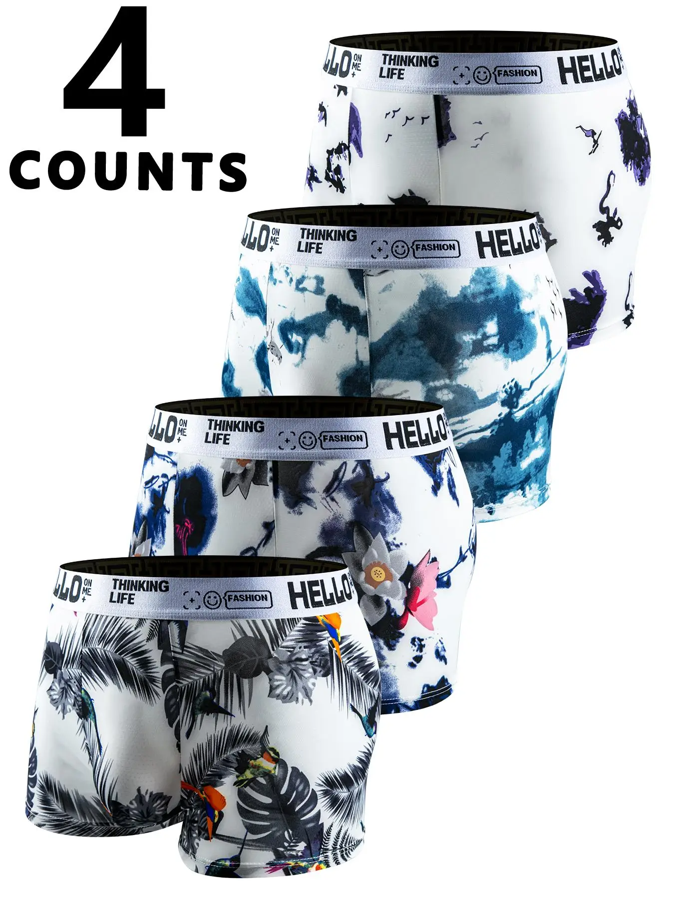 4 Pairs Men's Boxer Briefs All Over Print Quick Dry Stretch Underwear Comfortable Underpants