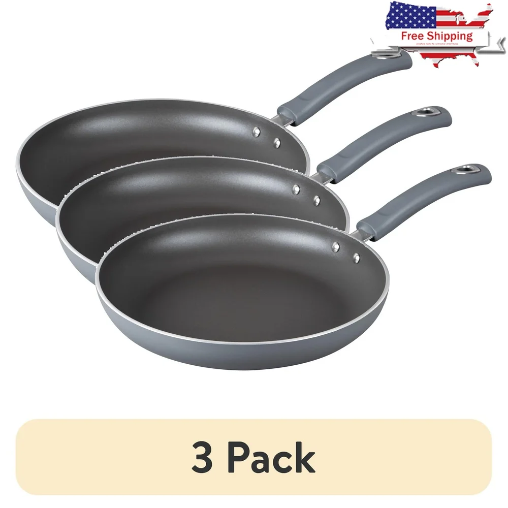

3 Pack Non-Stick Aluminum Skillet Easy Cleanup Dishwasher Safe Soft Anti-Slip Handle Even Heat Distribution Comfortable Grip