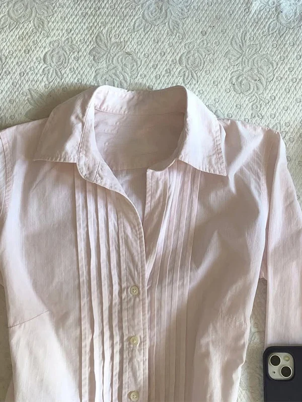 Originale retrò rosa lungo Sve irt f Sp ragazza versatile top dimagrante in cotone abbottonato Ne vestibilità regolare primavera 2025