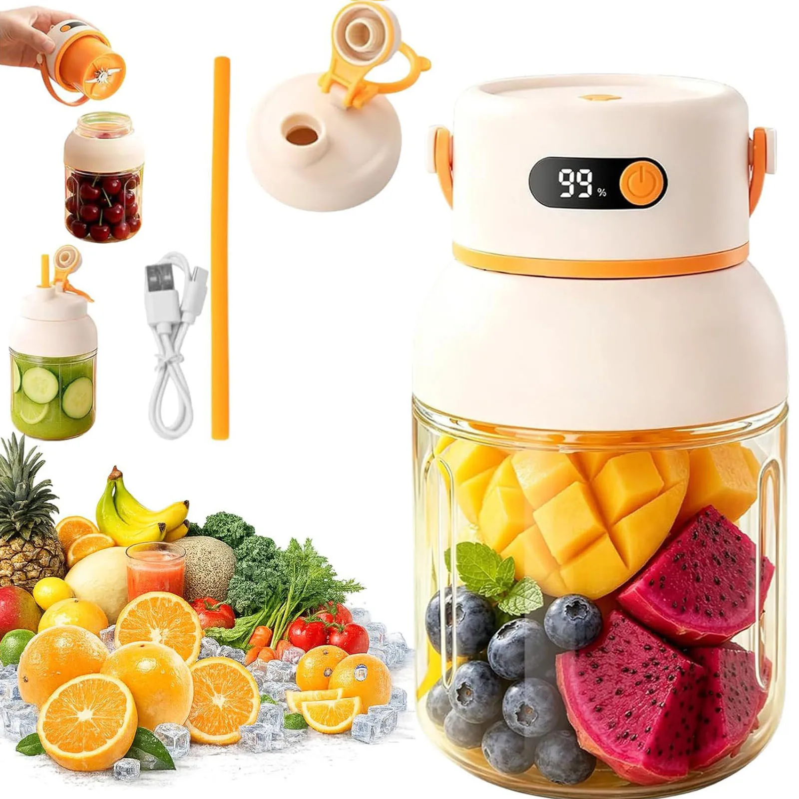 2-In-1 38 Blades Portable Blender Type-C Rechargeable Mini Wireless Personal Cup Multi-Functional Juicer Cup for Shakes & Juice