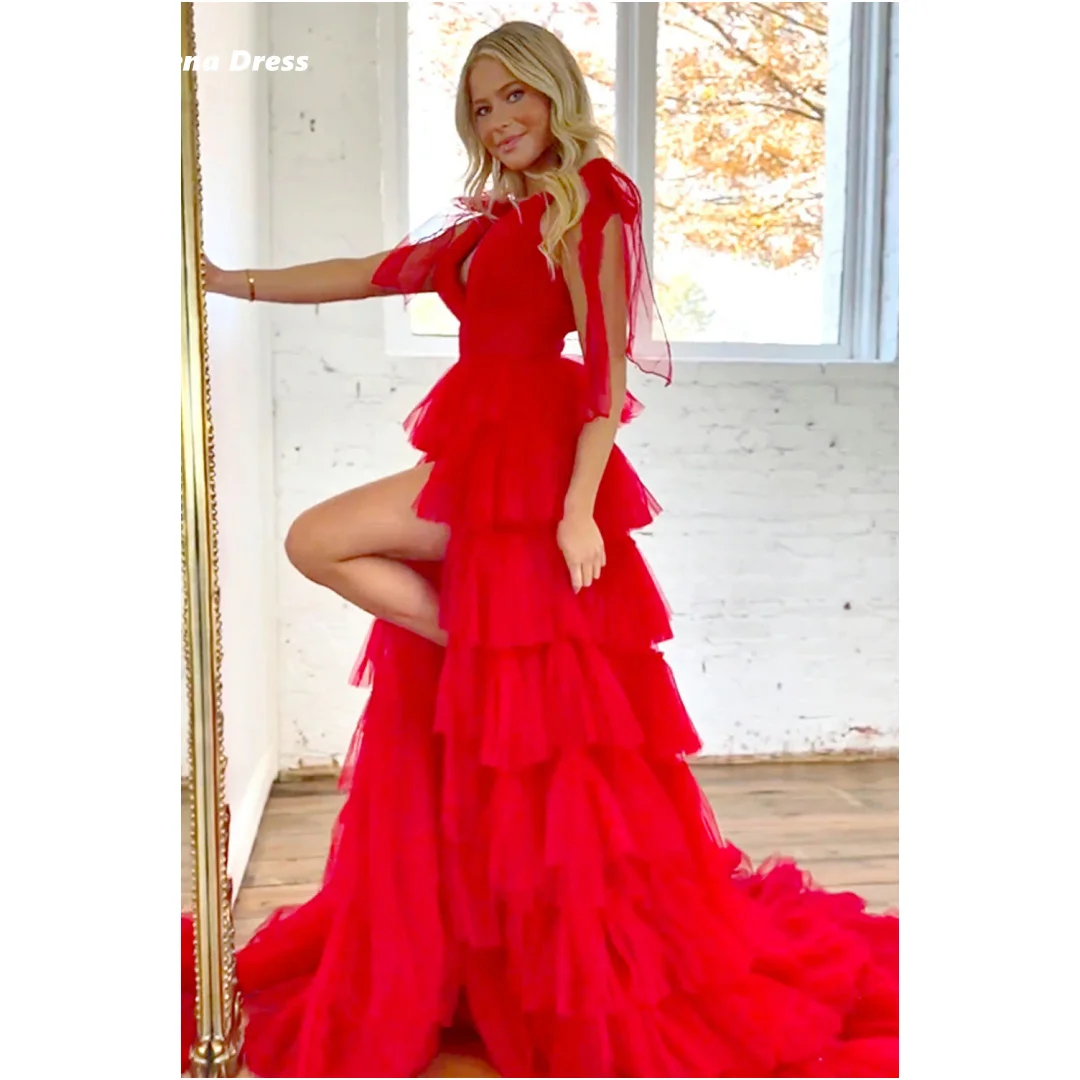 

Lena Custom Made Modest Prom Dress 2025 Multi-layer Elegant Party Dresses for Special Occasions Red Side Slit Ball Gown Dress