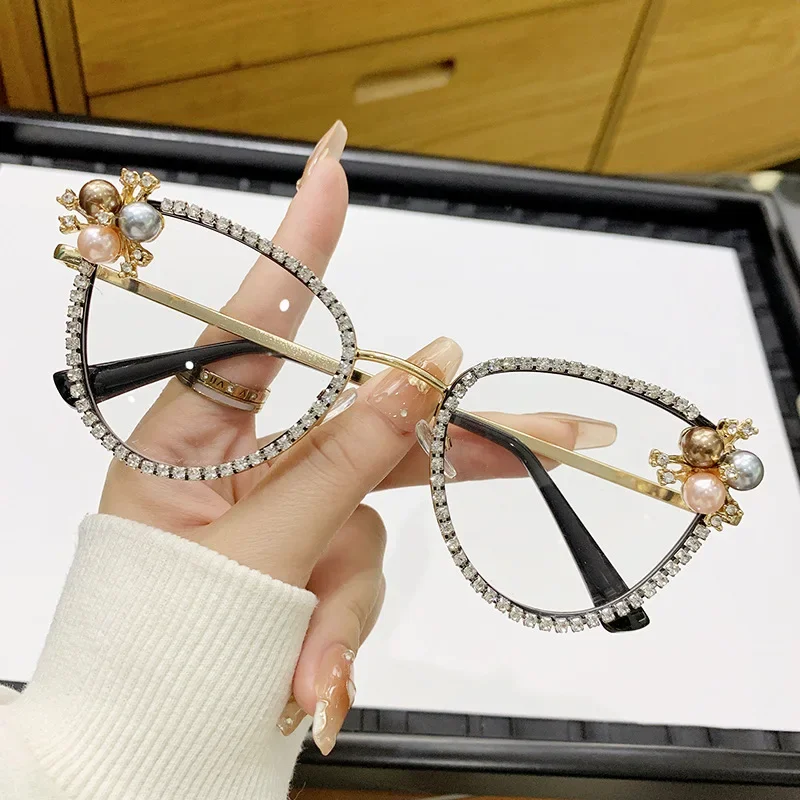 

Fashion Rhinestone Glasses Women Men Shine Cat Eye Glasses Metal Oversized Oval Shades Frame Vintage Bling Party Eyeglasses
