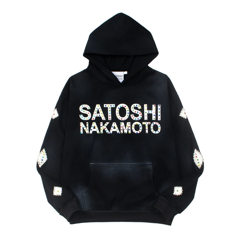 Streetwear Style Satoshi Nakamoto Retro Hoodie Necklace with Button Embellishment Unisex Long Sleeve Cotton Sweatshirt
