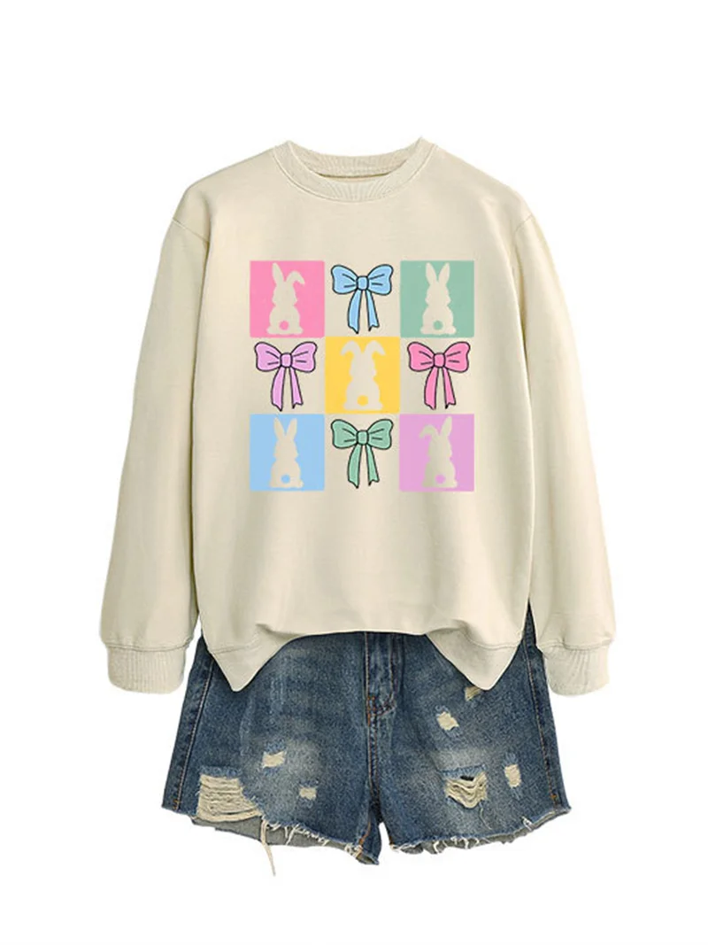 New spring and autumn cotton casual girls with comfortable bow rabbit loose fashion crew-neck hoodie base shirt