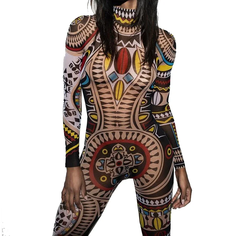 Burning Man Festival Bodysuit Women Tribal Tattoo Print Mesh Jumpsuit Curvy African Aztec Bodysuit Celebrity Catsuit  Jumpsuit