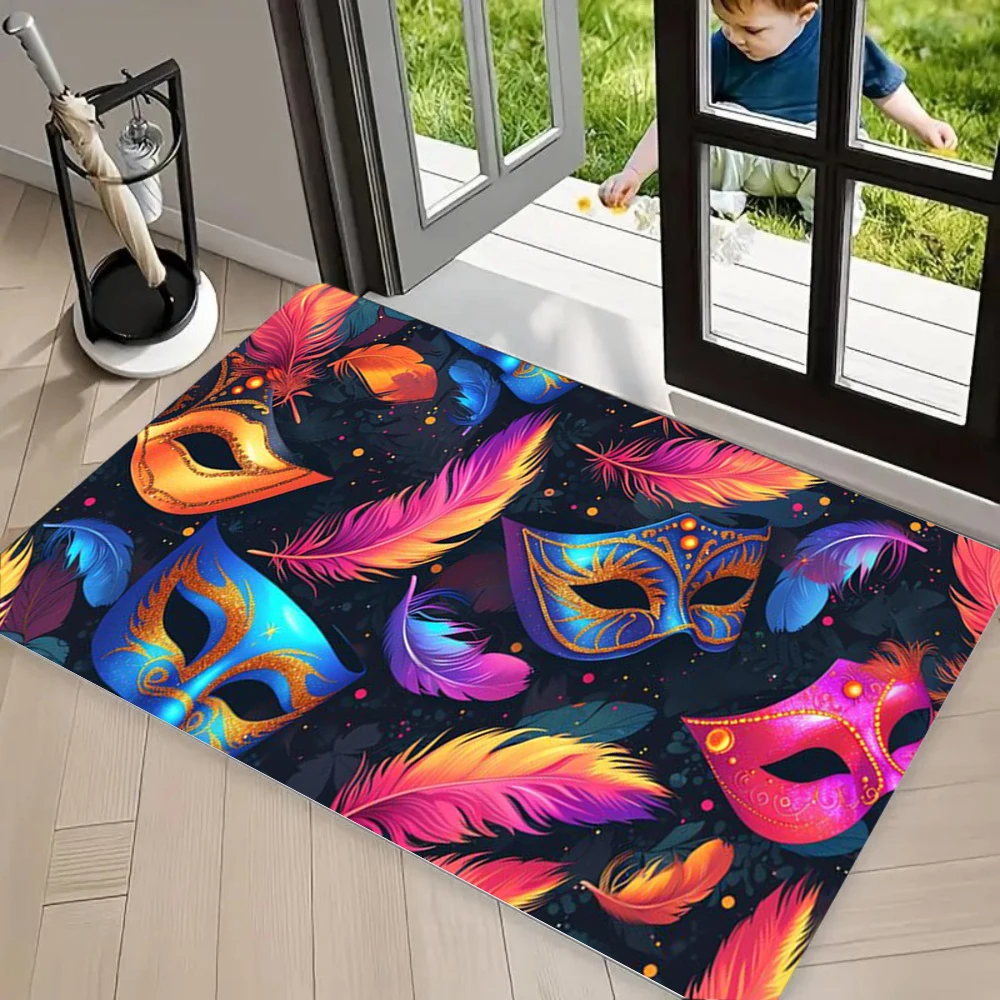 Mardi Gras Mask Feather Themed Mat Vibrant Carnival Party Entry Rug with Purple Blue Orange Design Festive Non-Slip Welcome Mat