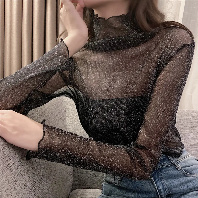 

Korean Style plus Size High Collar Lace Long Sleeve Pure Color Base Shirt Women's T-Shirt with Wood Grain Design