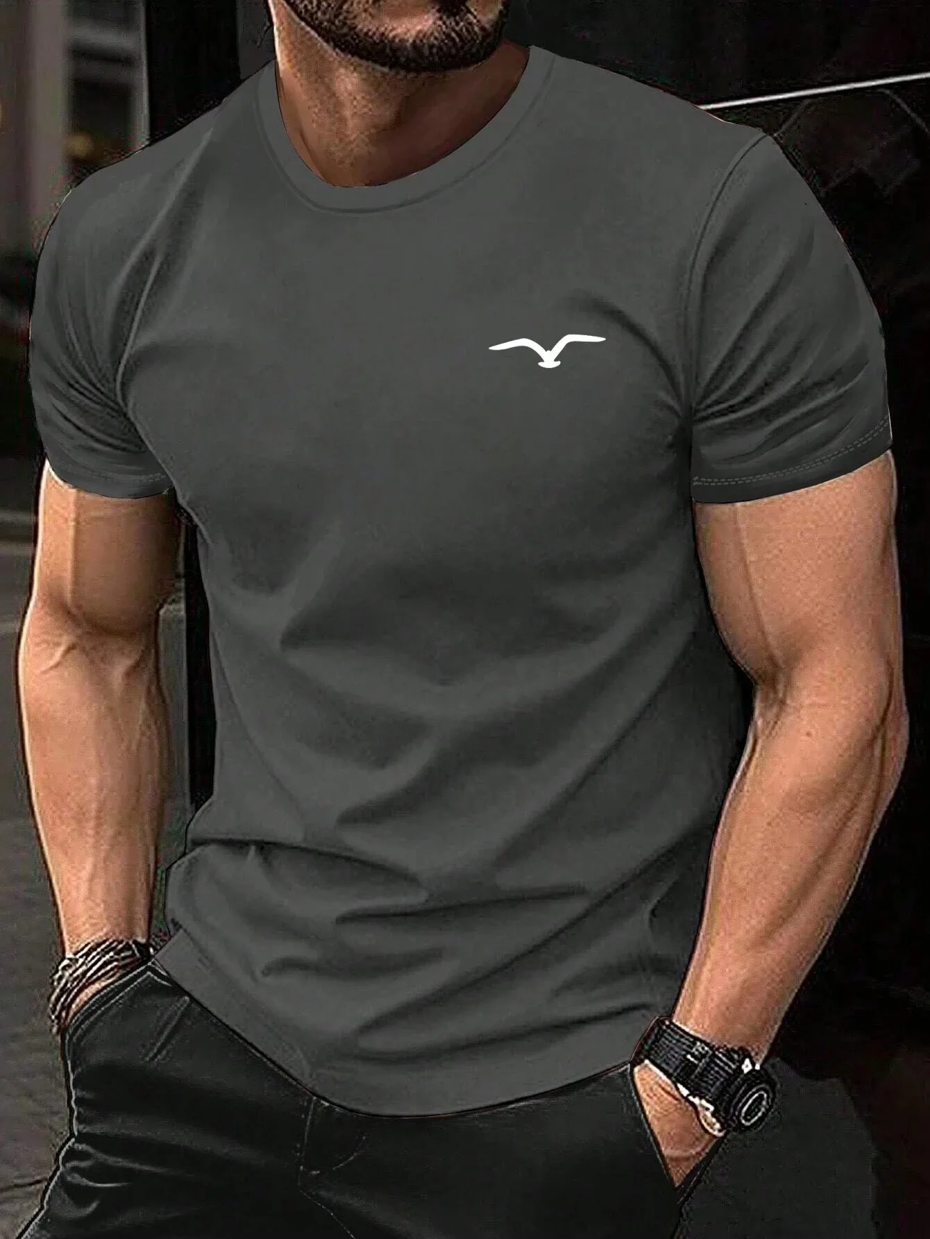 Herren-T-Shirt aus 100 % Baumwolle, locker geschnitten, bequem, mit Vogelmotiv, schmal geschnitten, lässig, sportlich, Rundhalsausschnitt, kurzärmelig, Sommeroberteil – Detail 8
