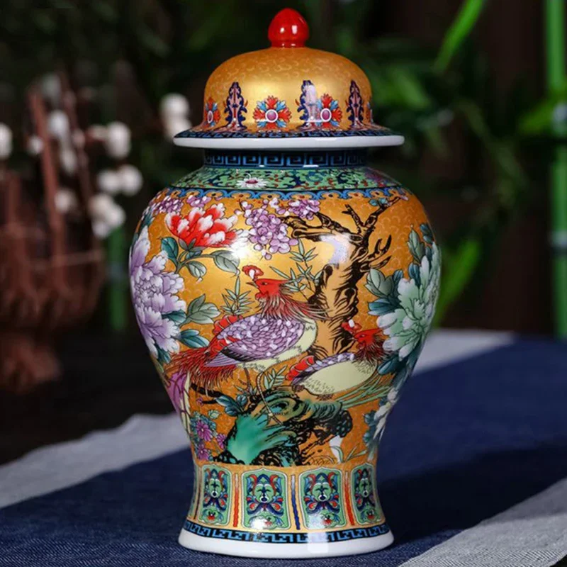 Chinese Decorative Porcelain Ginger Jar, Red Flower and Bird Retro Palace Style Vases, Home Decor, Table Vase, Centerpieces